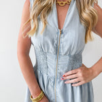 Chambray Smocked Zip Mini Dress