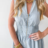 Chambray Smocked Zip Mini Dress