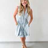 Chambray Smocked Zip Mini Dress