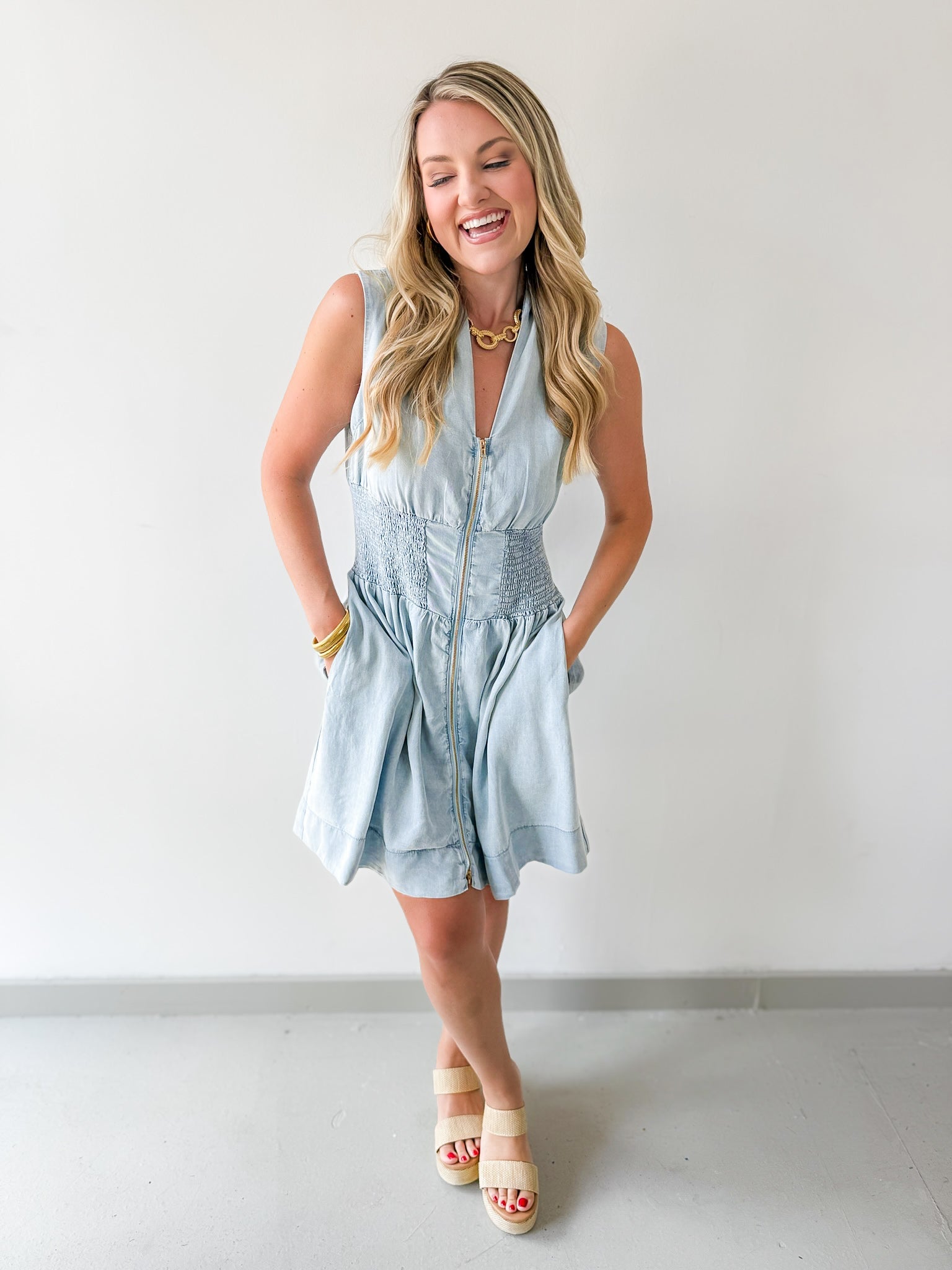 Chambray Smocked Zip Mini Dress