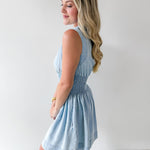 Chambray Smocked Zip Mini Dress
