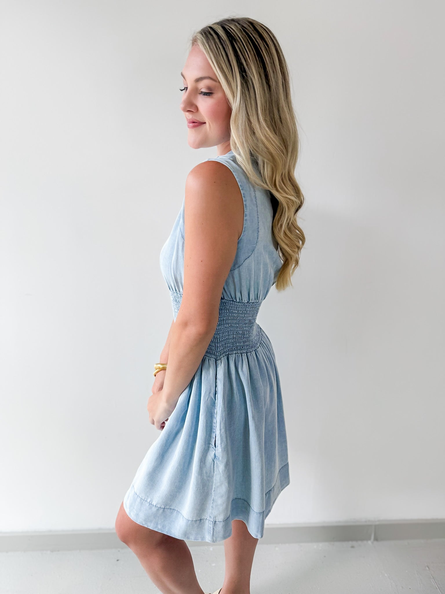 Chambray Smocked Zip Mini Dress