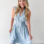 Chambray Smocked Zip Mini Dress