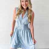 Chambray Smocked Zip Mini Dress