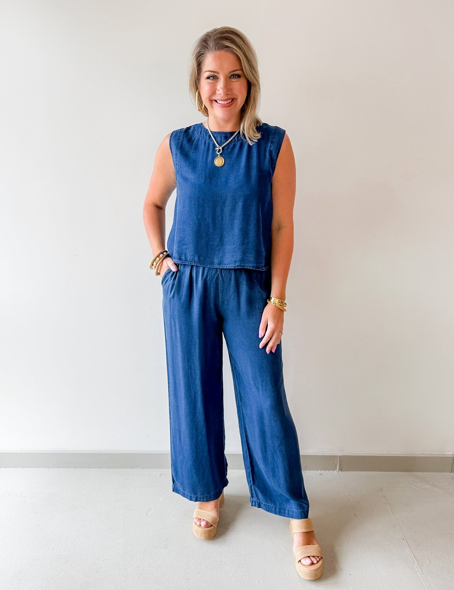Chambray Top & Wide Leg Pants