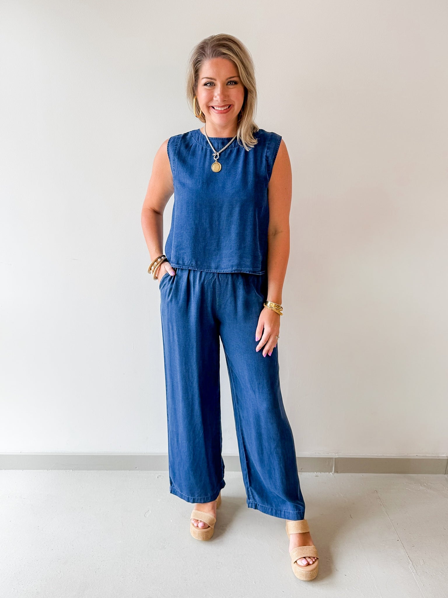 Chambray Top & Wide Leg Pants