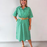 Check Print Short Sleeve Midi Dress