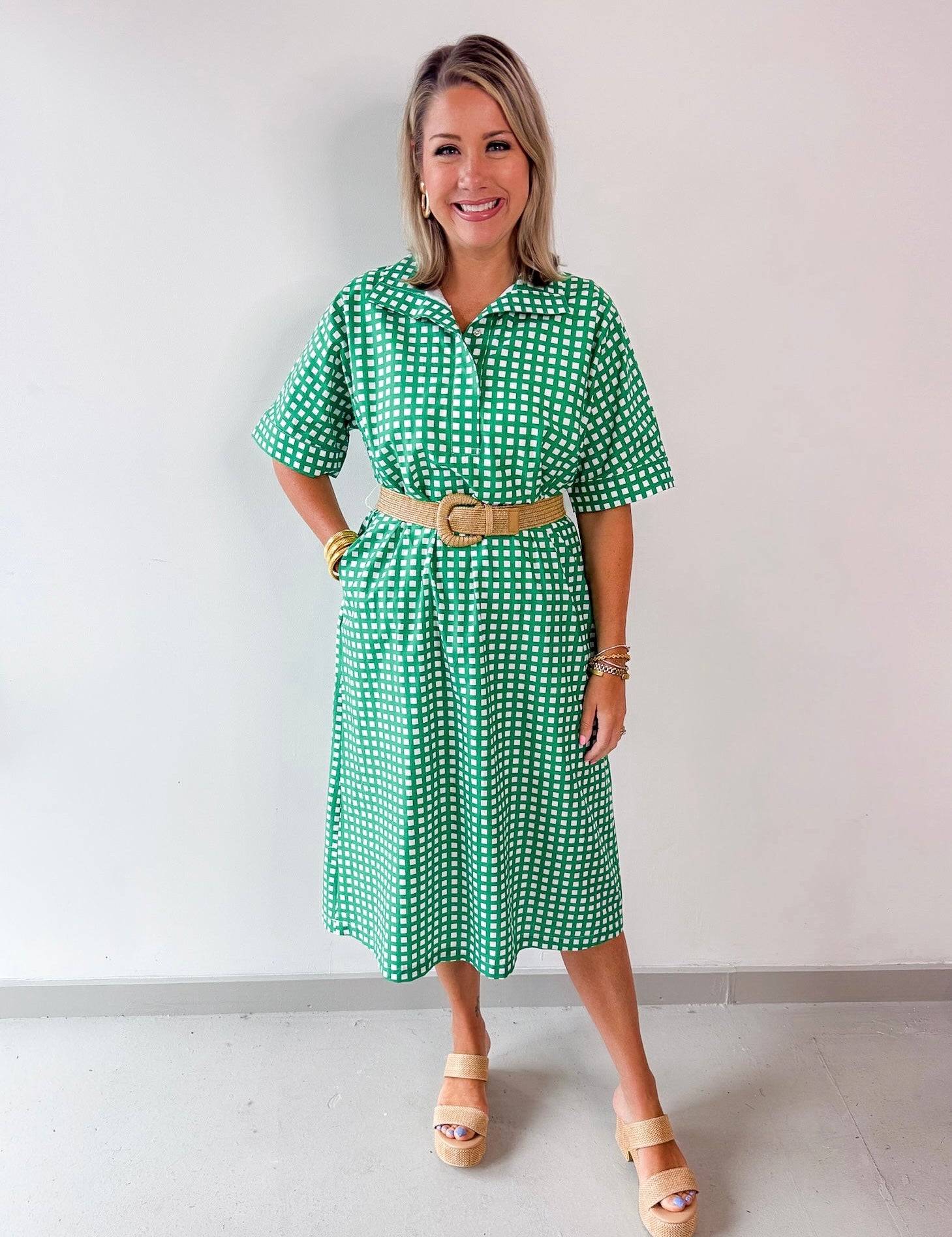 Check Print Short Sleeve Midi Dress