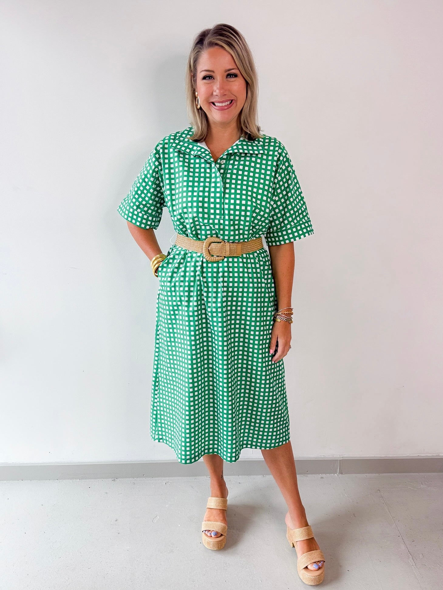 Check Print Short Sleeve Midi Dress