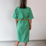 Check Print Short Sleeve Midi Dress