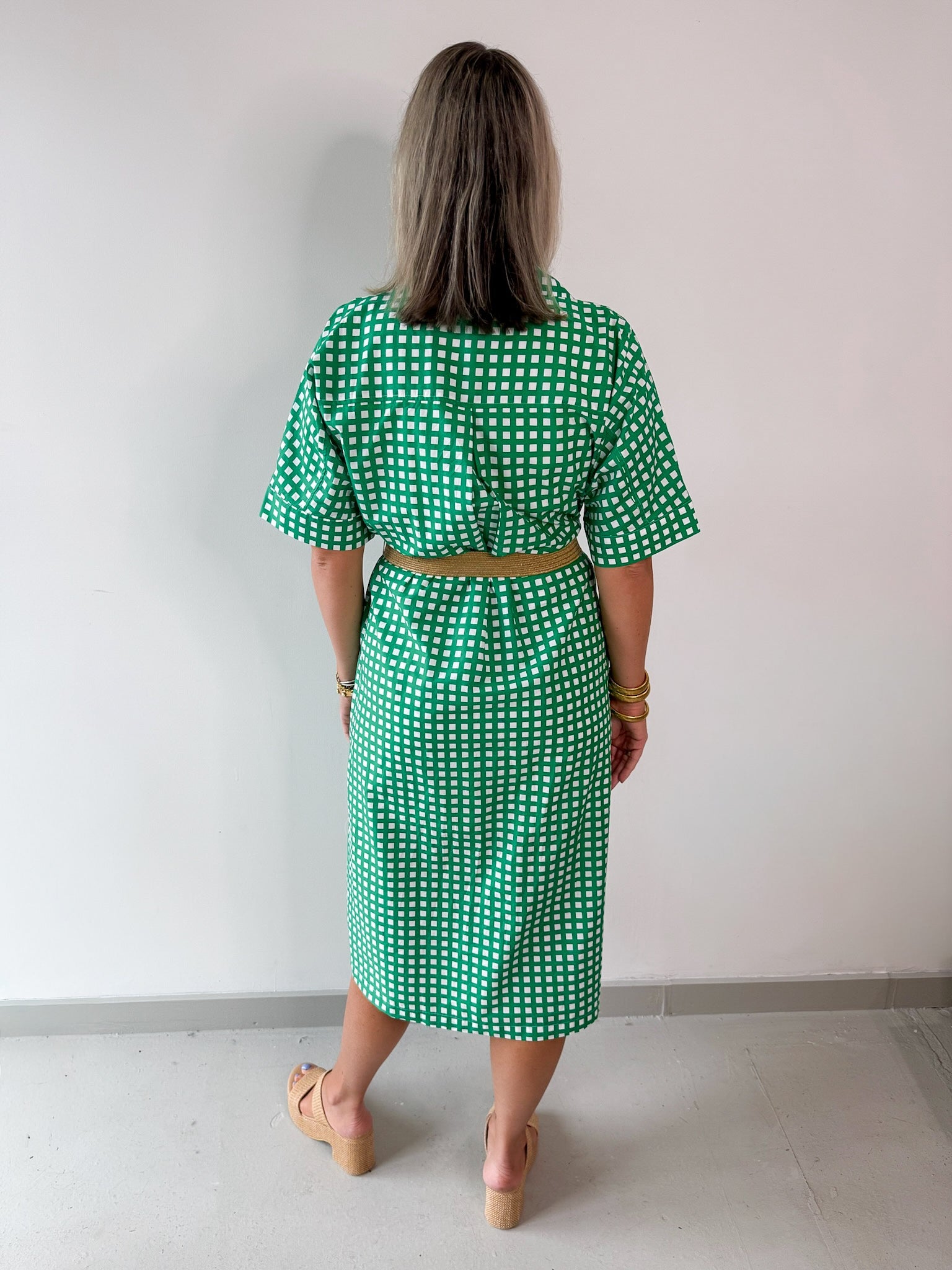 Check Print Short Sleeve Midi Dress