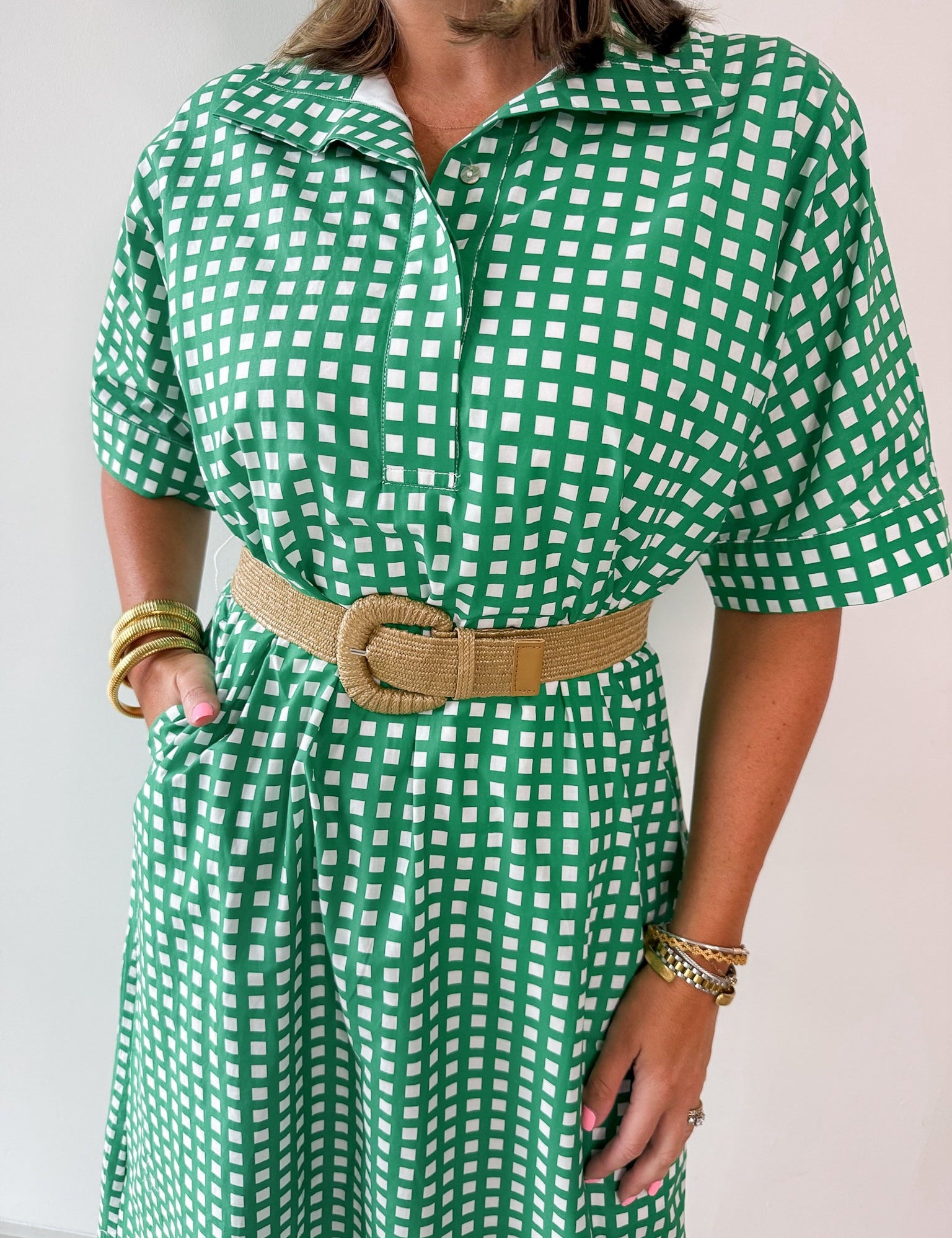 Check Print Short Sleeve Midi Dress