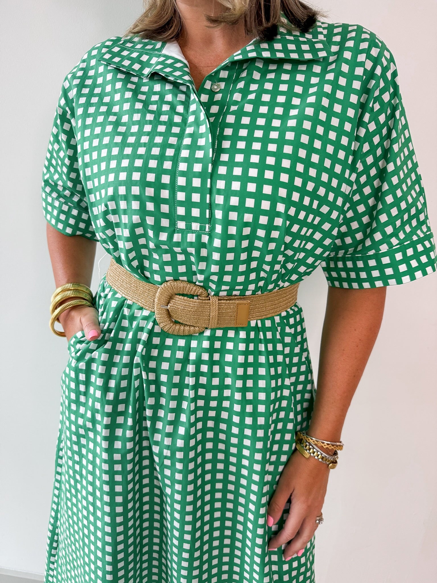 Check Print Short Sleeve Midi Dress
