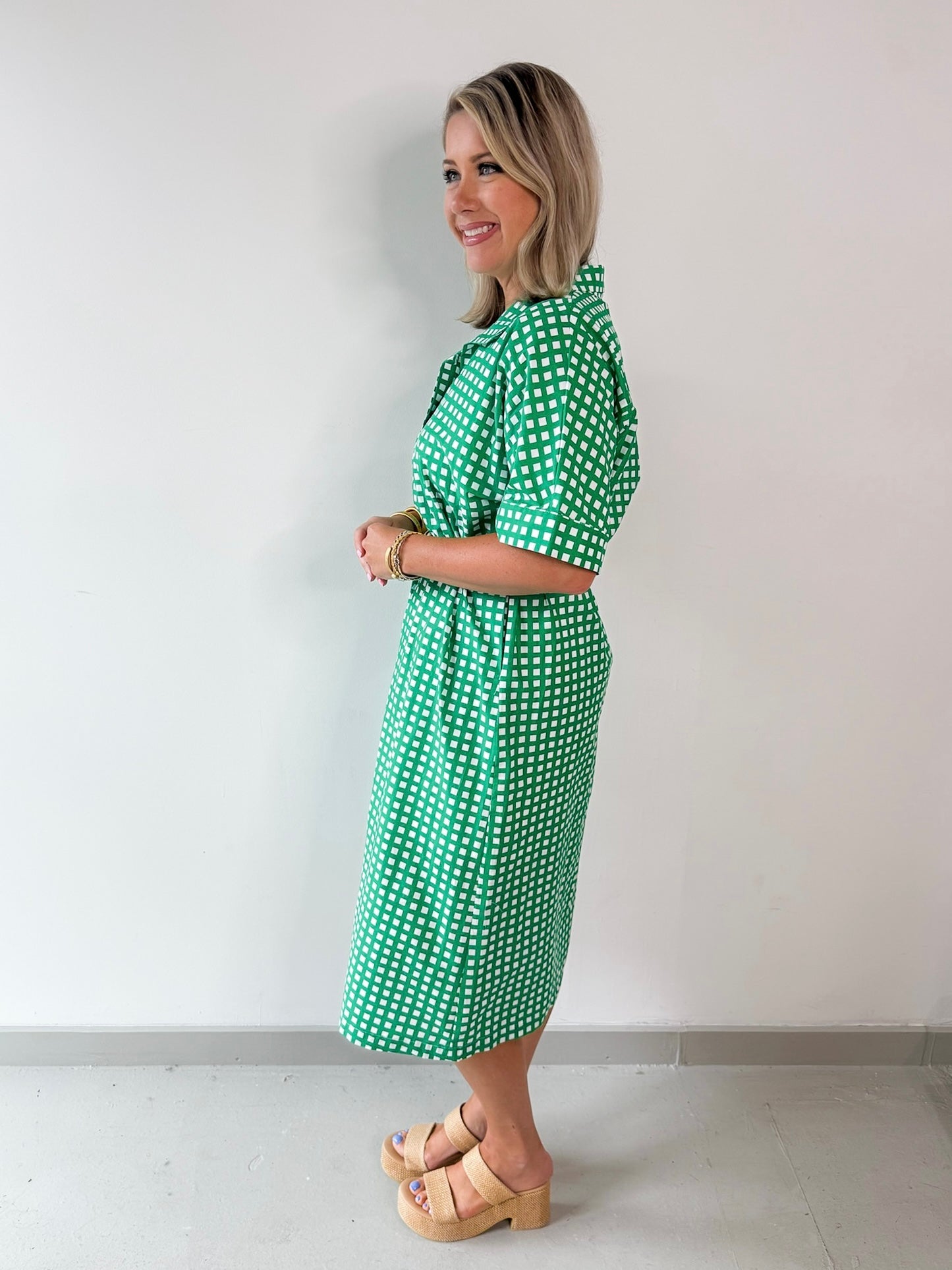 Check Print Short Sleeve Midi Dress