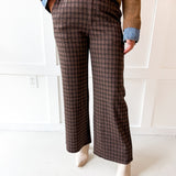Check Print Straight Leg Pants- Brown