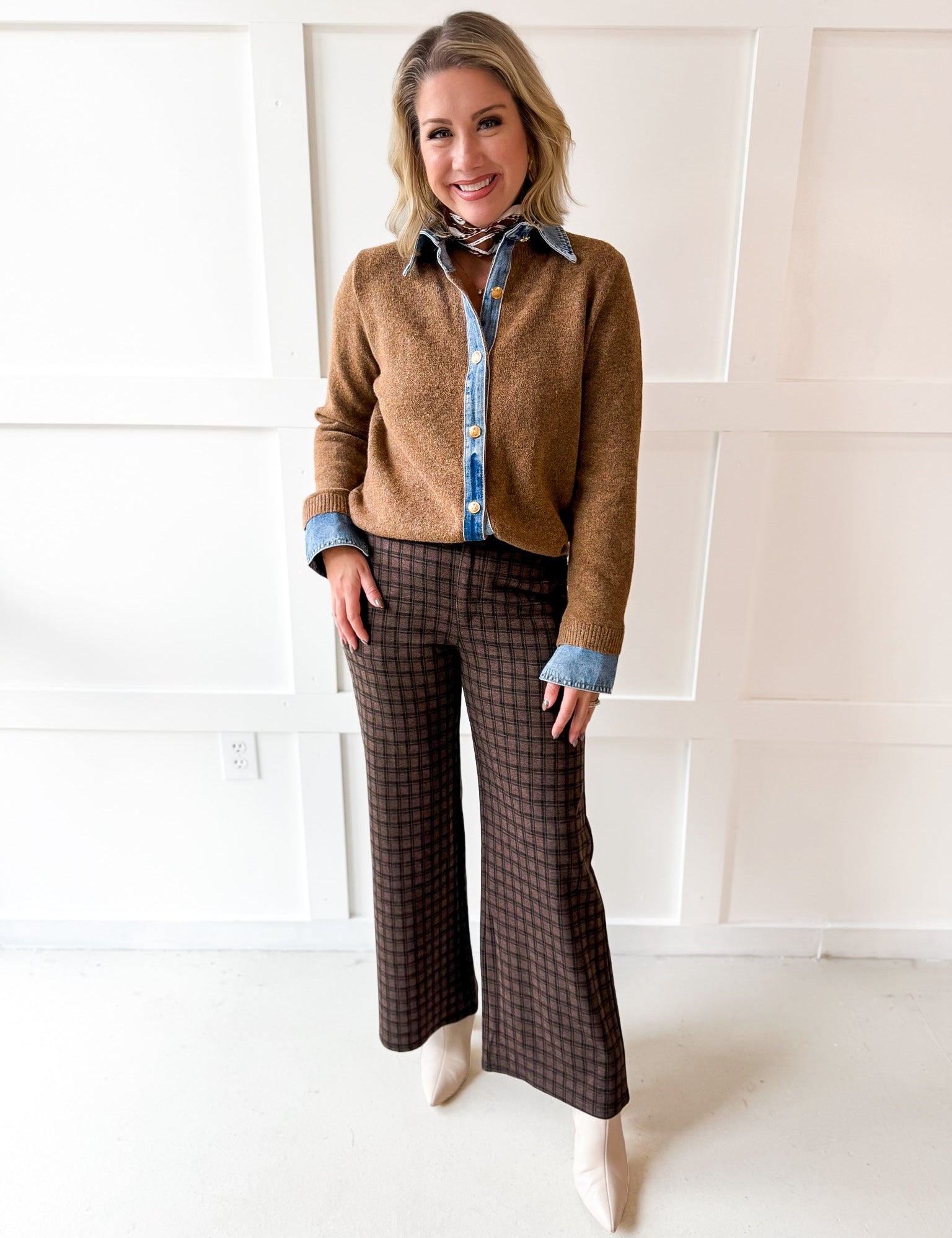 Check Print Straight Leg Pants- Brown