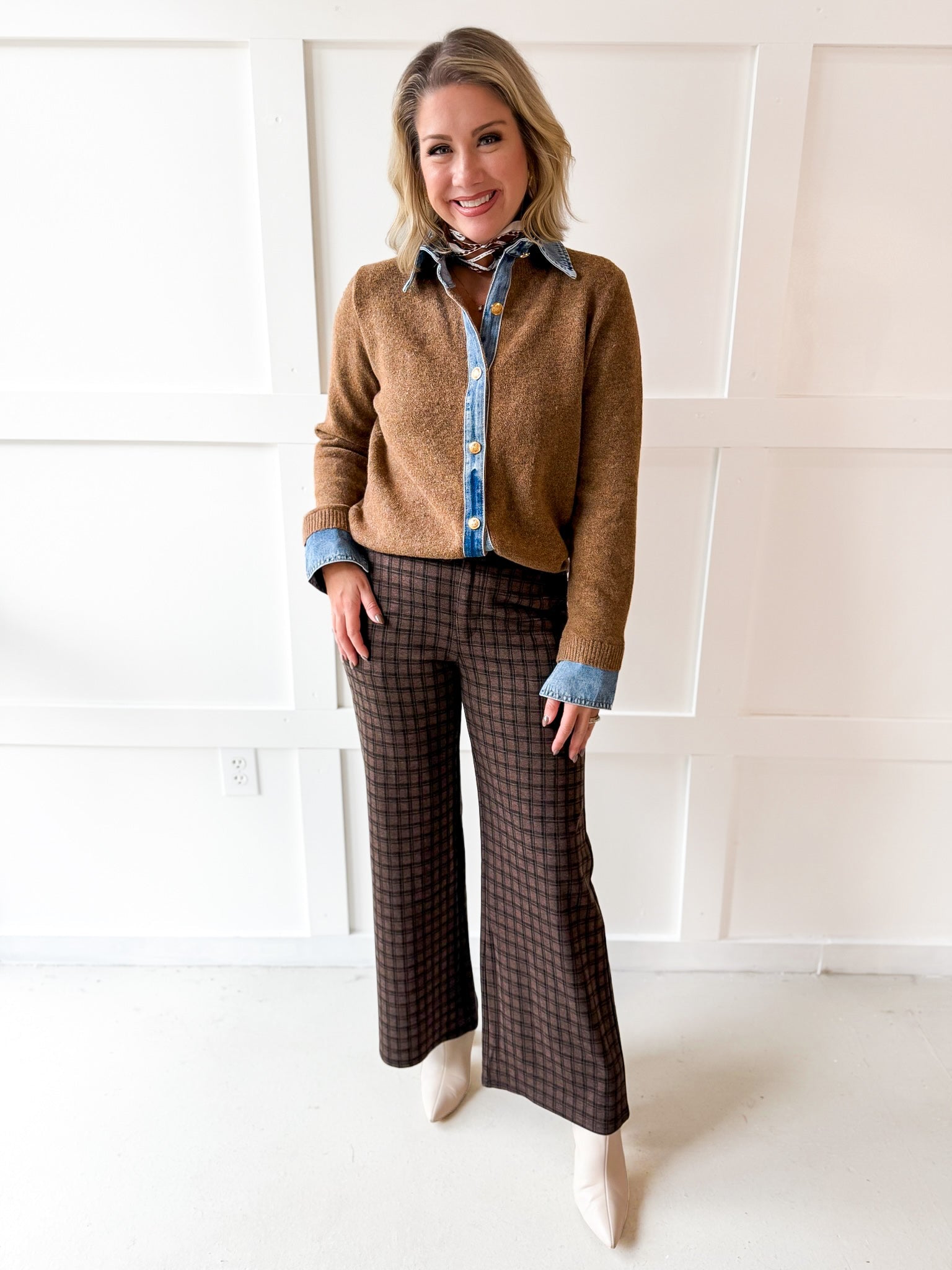 Check Print Straight Leg Pants- Brown
