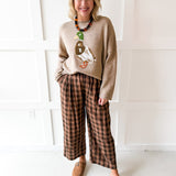 Checkered High Waist Wide Leg Pants - Brown