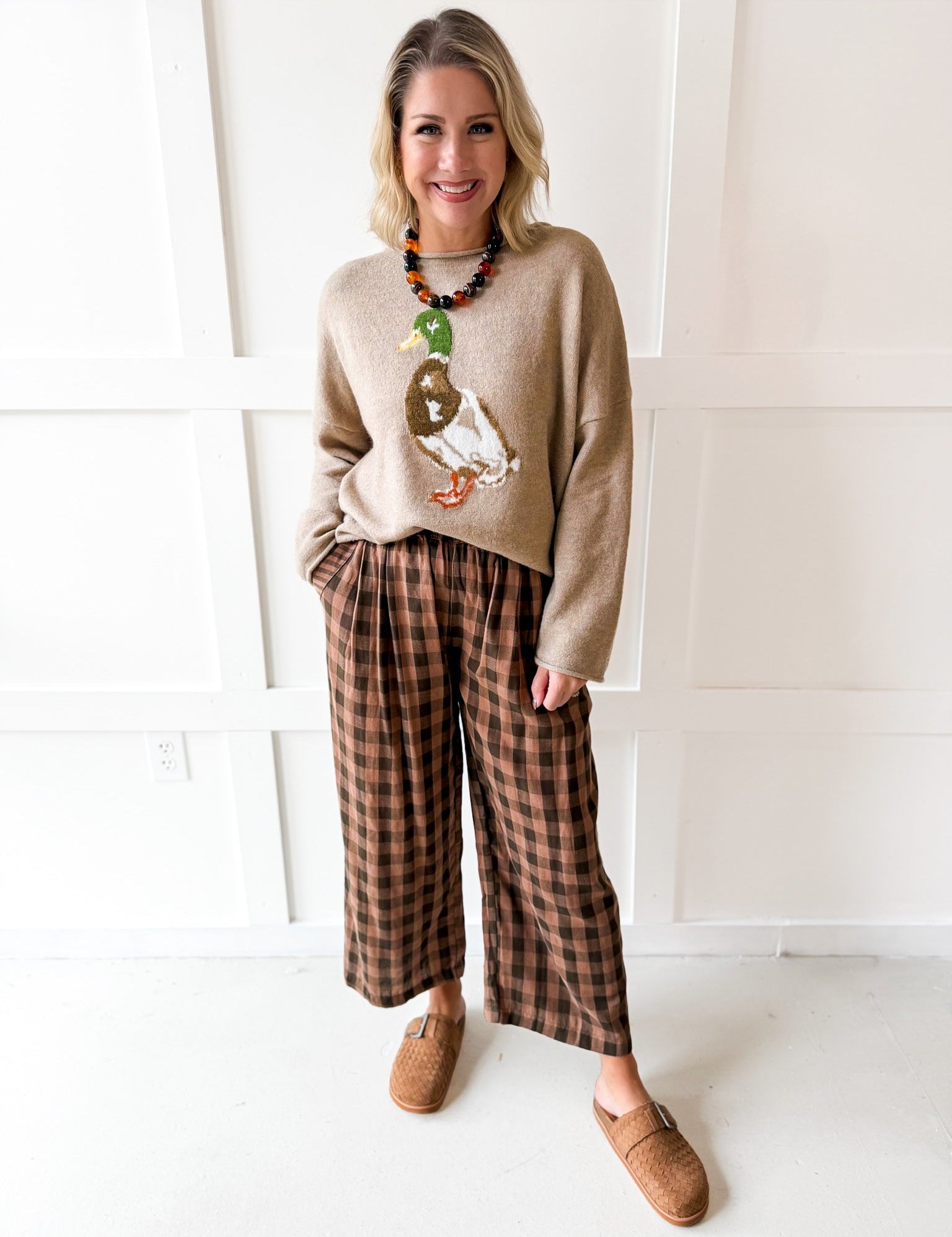 Checkered High Waist Wide Leg Pants - Brown