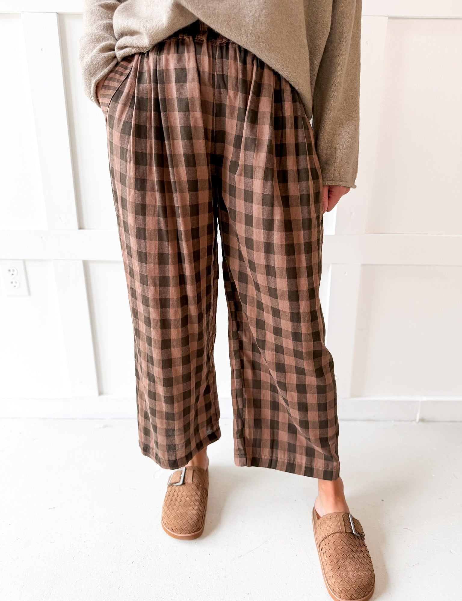 Checkered High Waist Wide Leg Pants - Brown