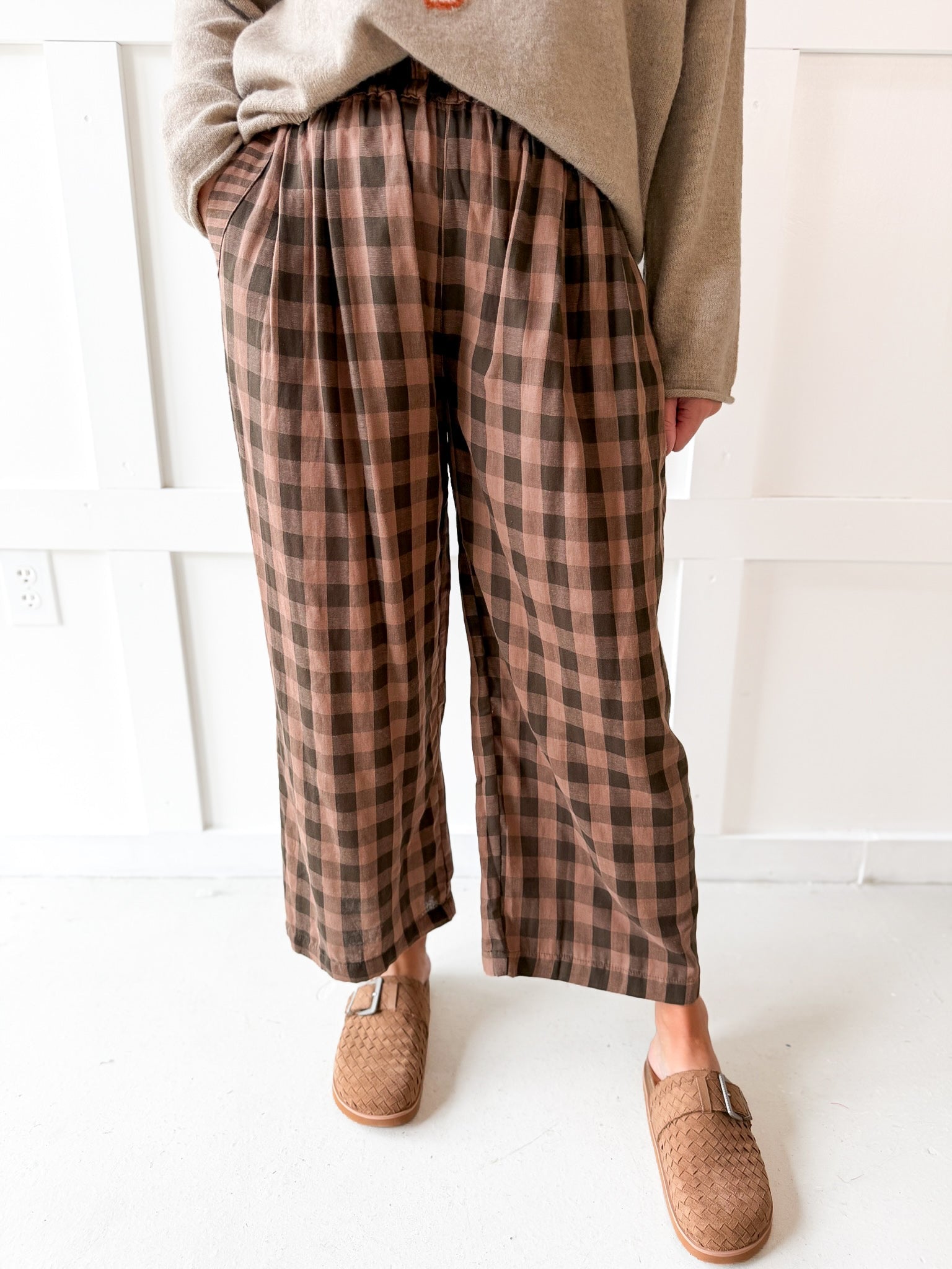 Checkered High Waist Wide Leg Pants - Brown
