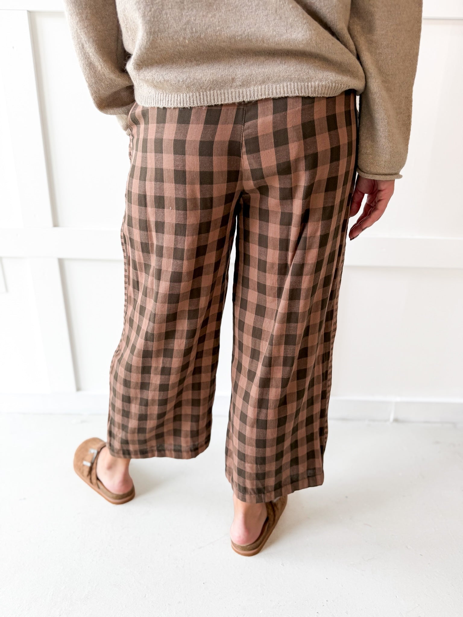 Checkered High Waist Wide Leg Pants - Brown