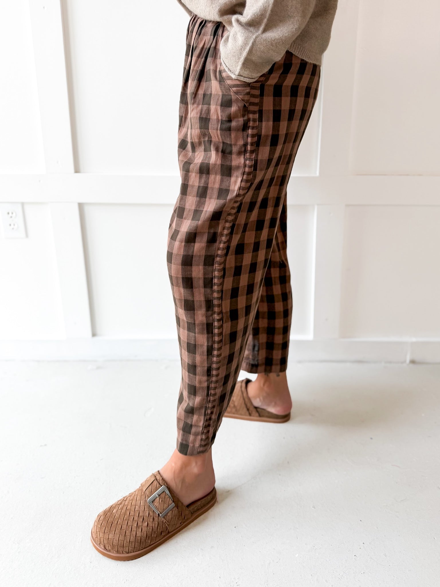 Checkered High Waist Wide Leg Pants - Brown