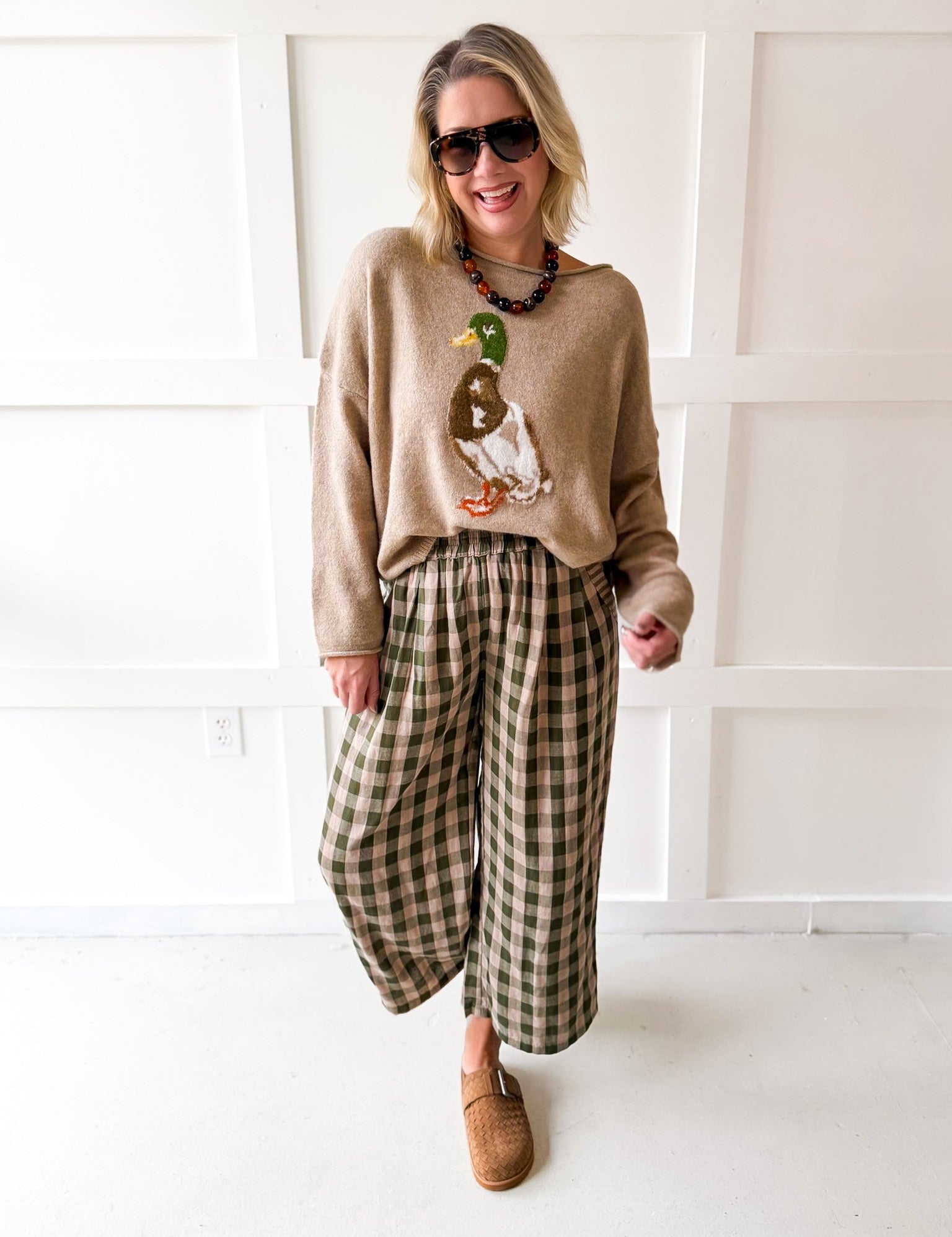 Checkered High Waist Wide Leg Pants- Olive