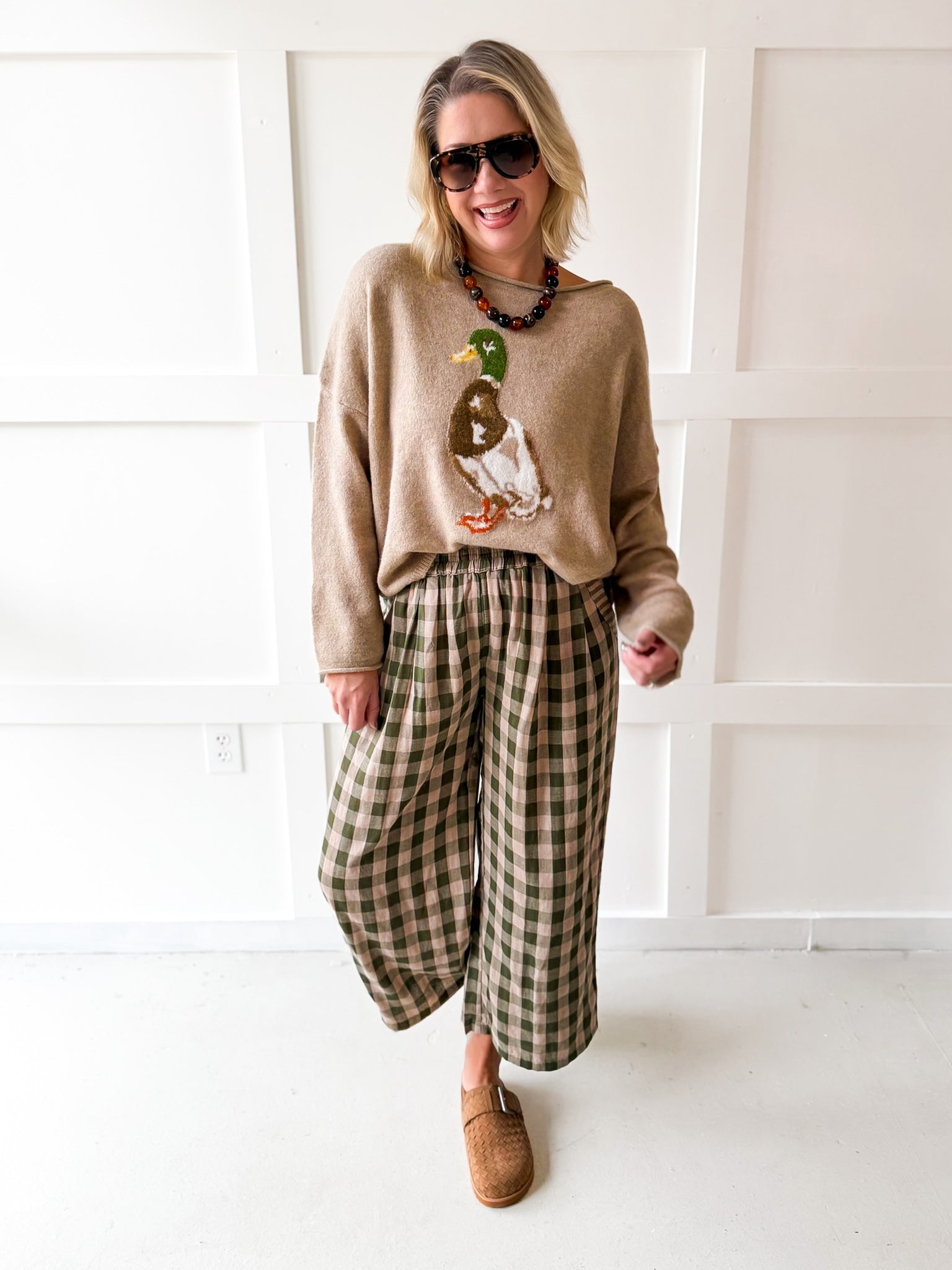 Checkered High Waist Wide Leg Pants- Olive