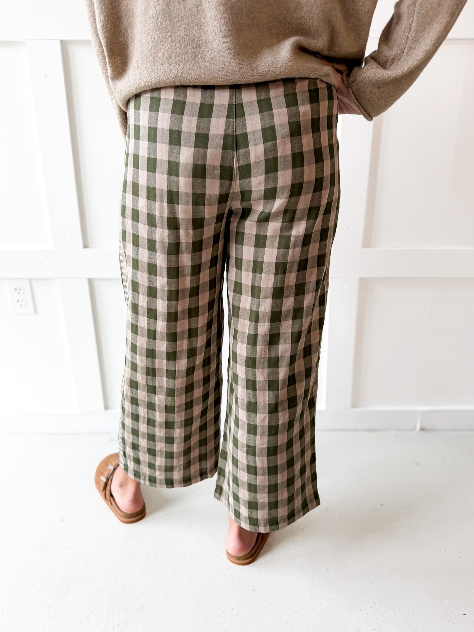 Checkered High Waist Wide Leg Pants- Olive