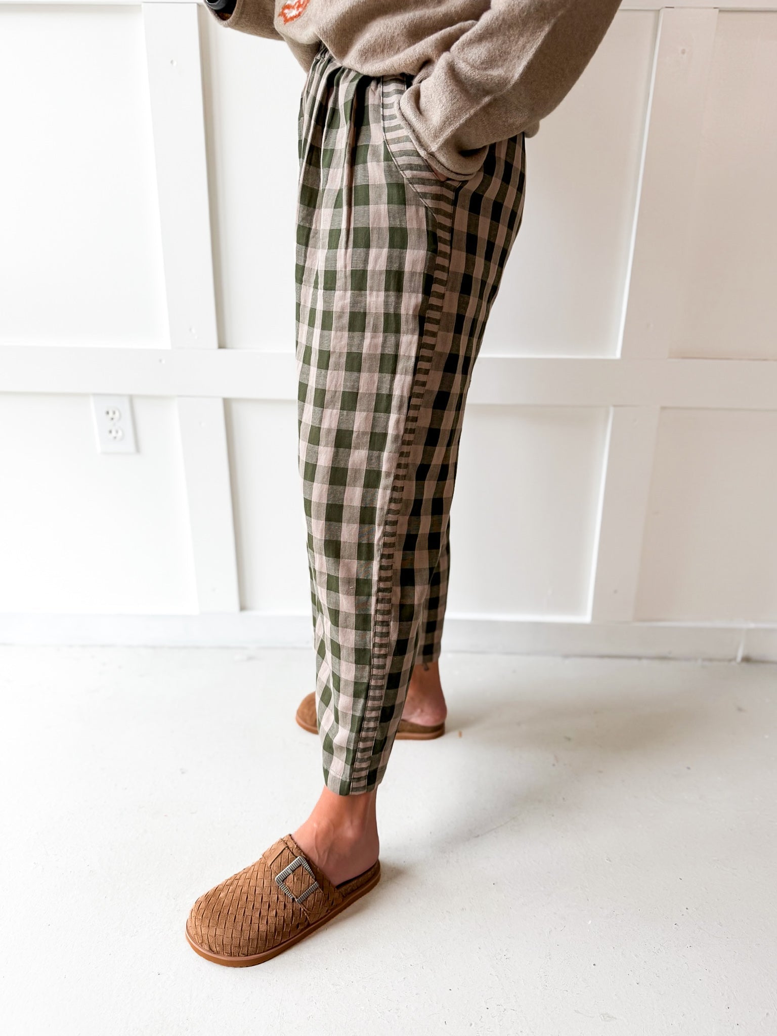 Checkered High Waist Wide Leg Pants- Olive