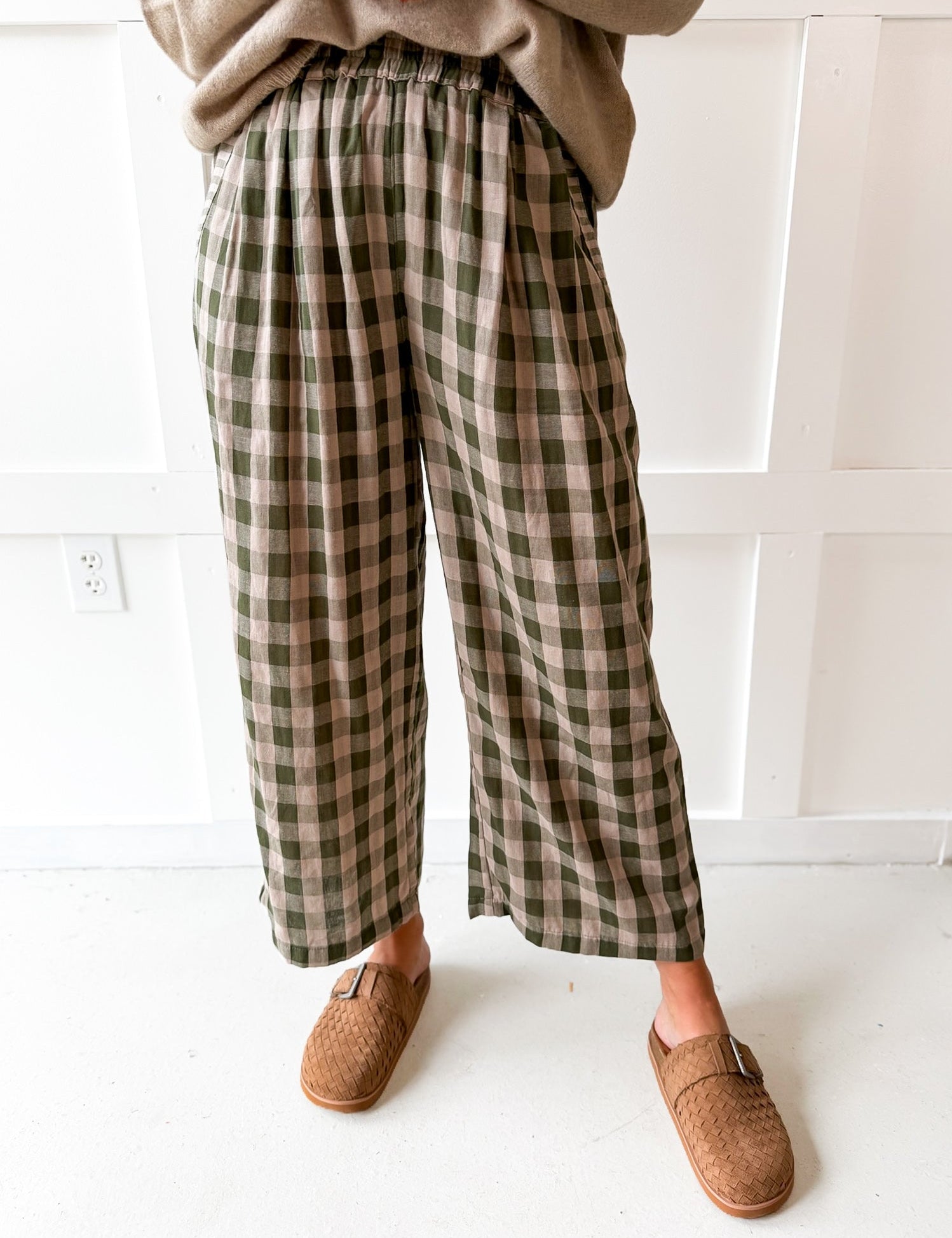 Checkered High Waist Wide Leg Pants- Olive