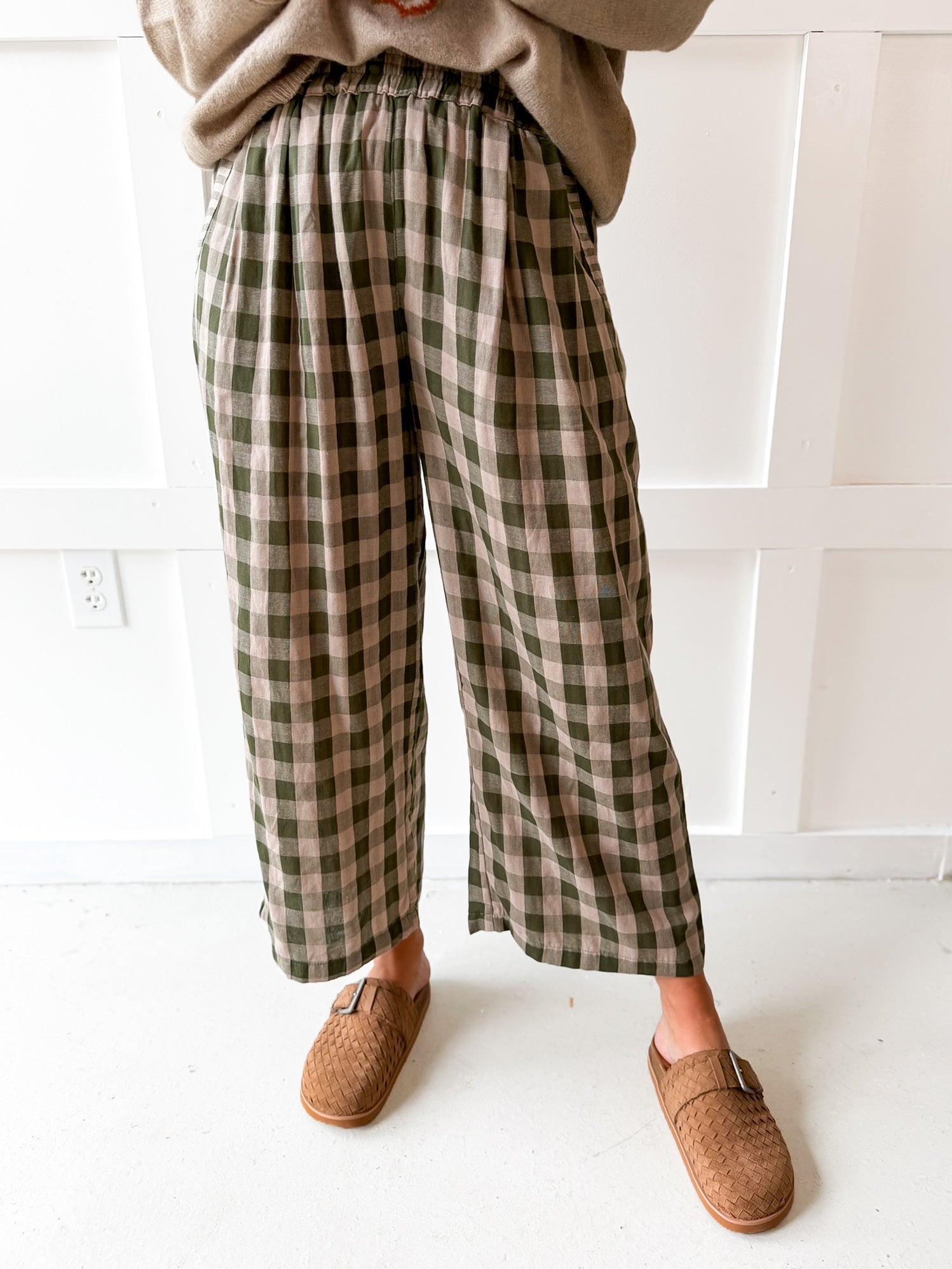 Checkered High Waist Wide Leg Pants- Olive