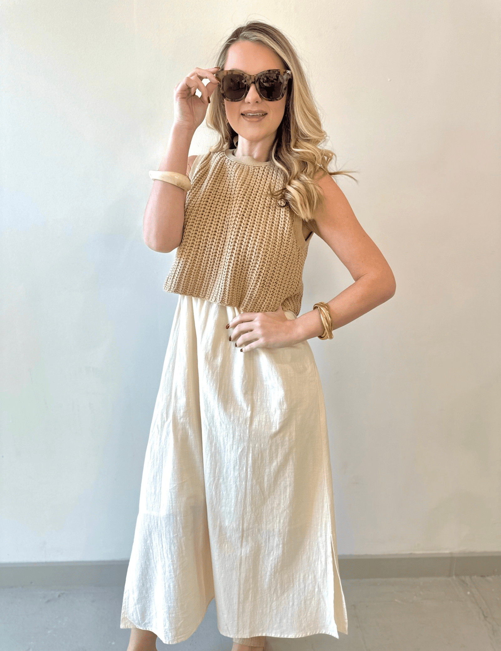 Chunky Sweater Twofer Midi Dress - Latte/Cream