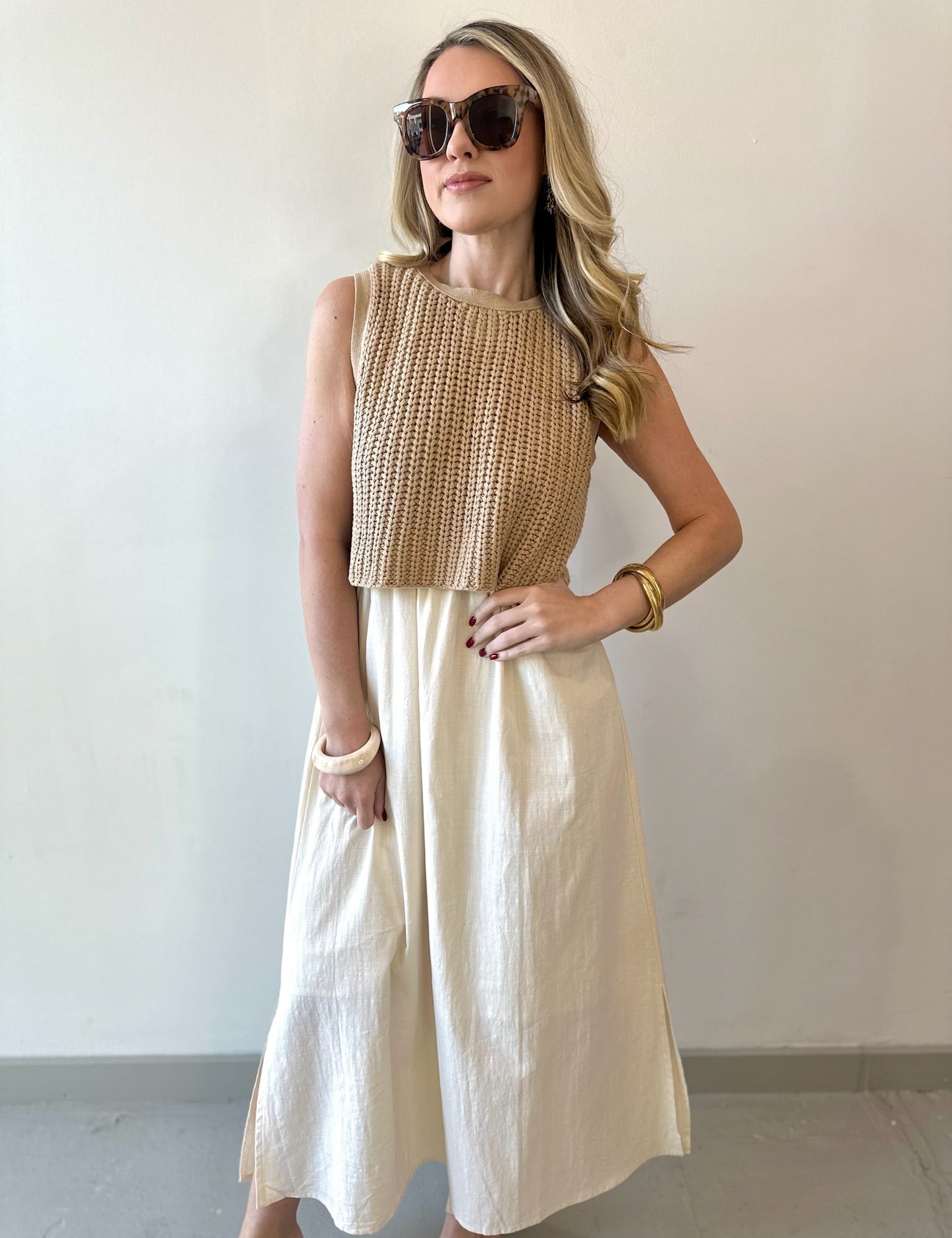 Chunky Sweater Twofer Midi Dress - Latte/Cream