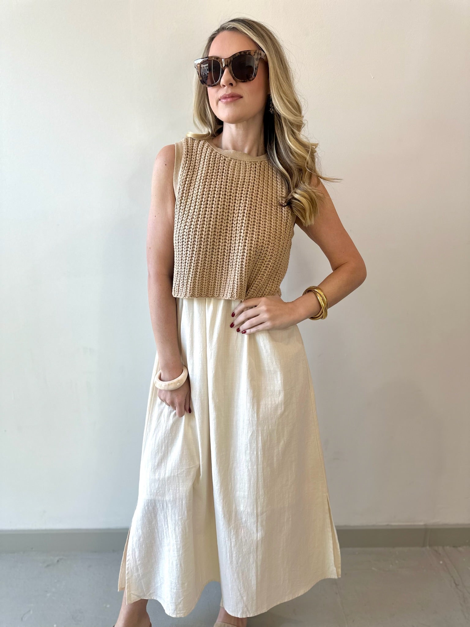 Chunky Sweater Twofer Midi Dress - Latte/Cream