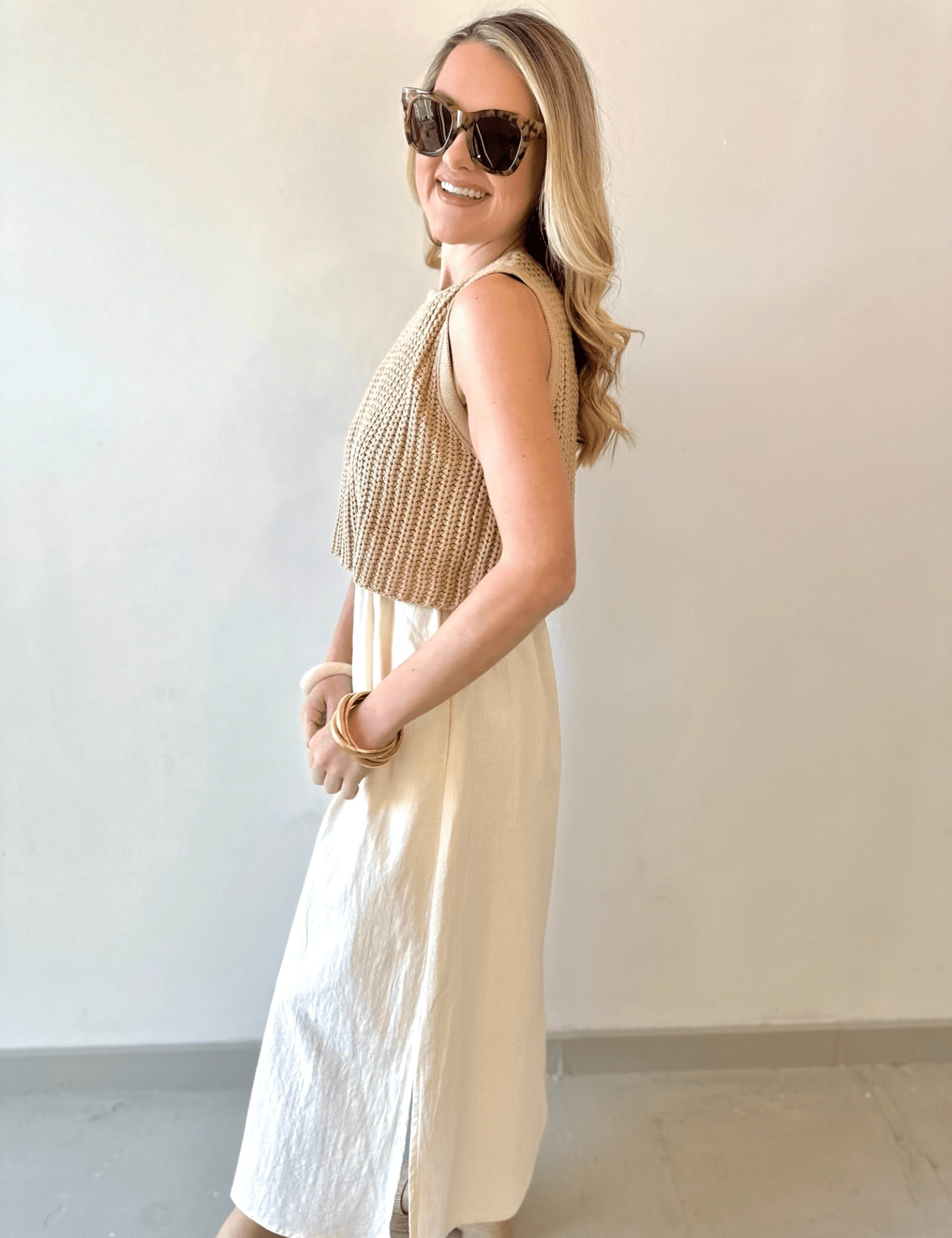 Chunky Sweater Twofer Midi Dress - Latte/Cream