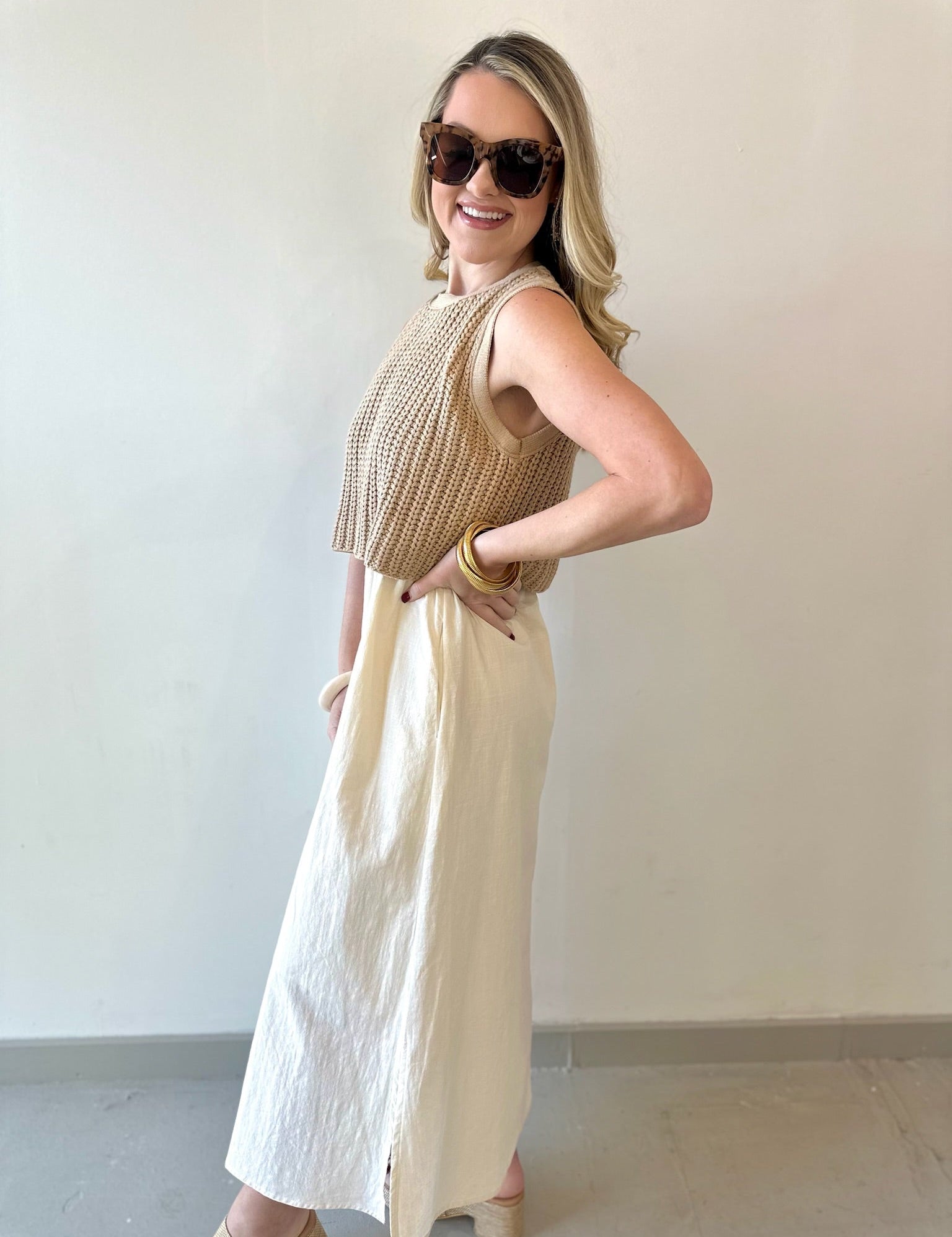 Chunky Sweater Twofer Midi Dress - Latte/Cream