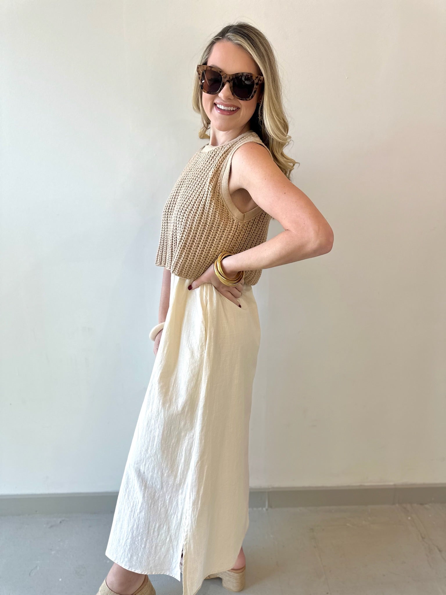 Chunky Sweater Twofer Midi Dress - Latte/Cream