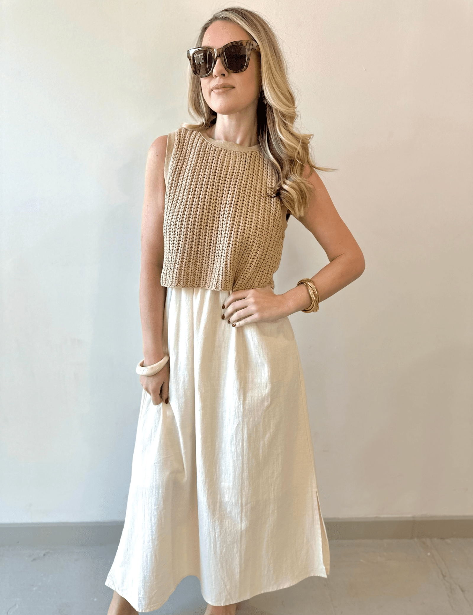 Chunky Sweater Twofer Midi Dress - Latte/Cream