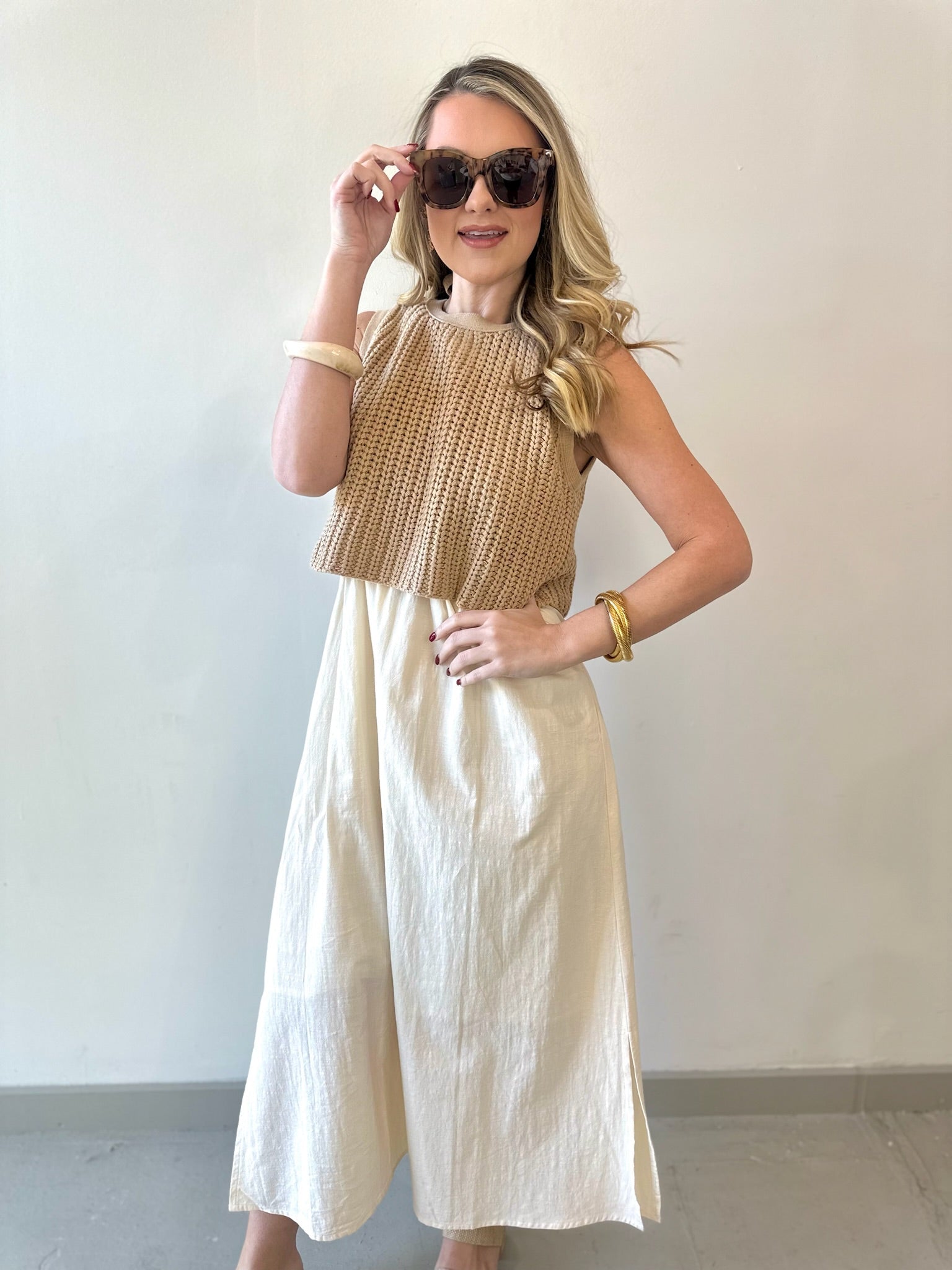 Chunky Sweater Twofer Midi Dress - Latte/Cream