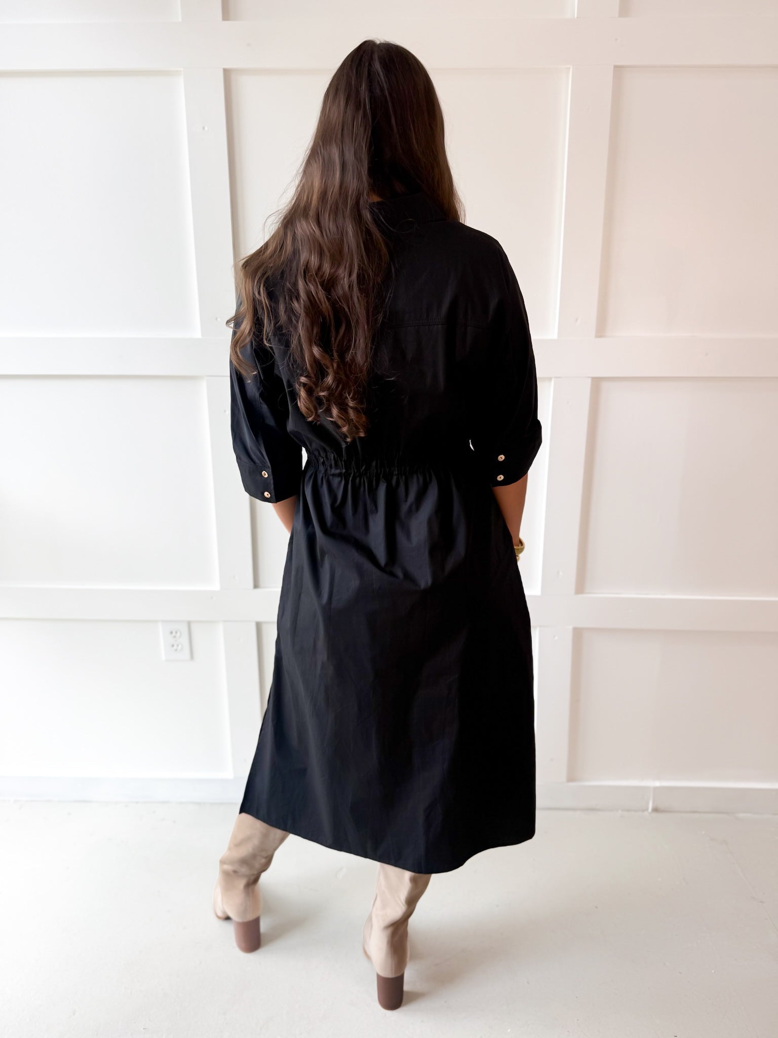 Cinched Waist Midi Dress - Black