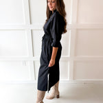 Cinched Waist Midi Dress - Black