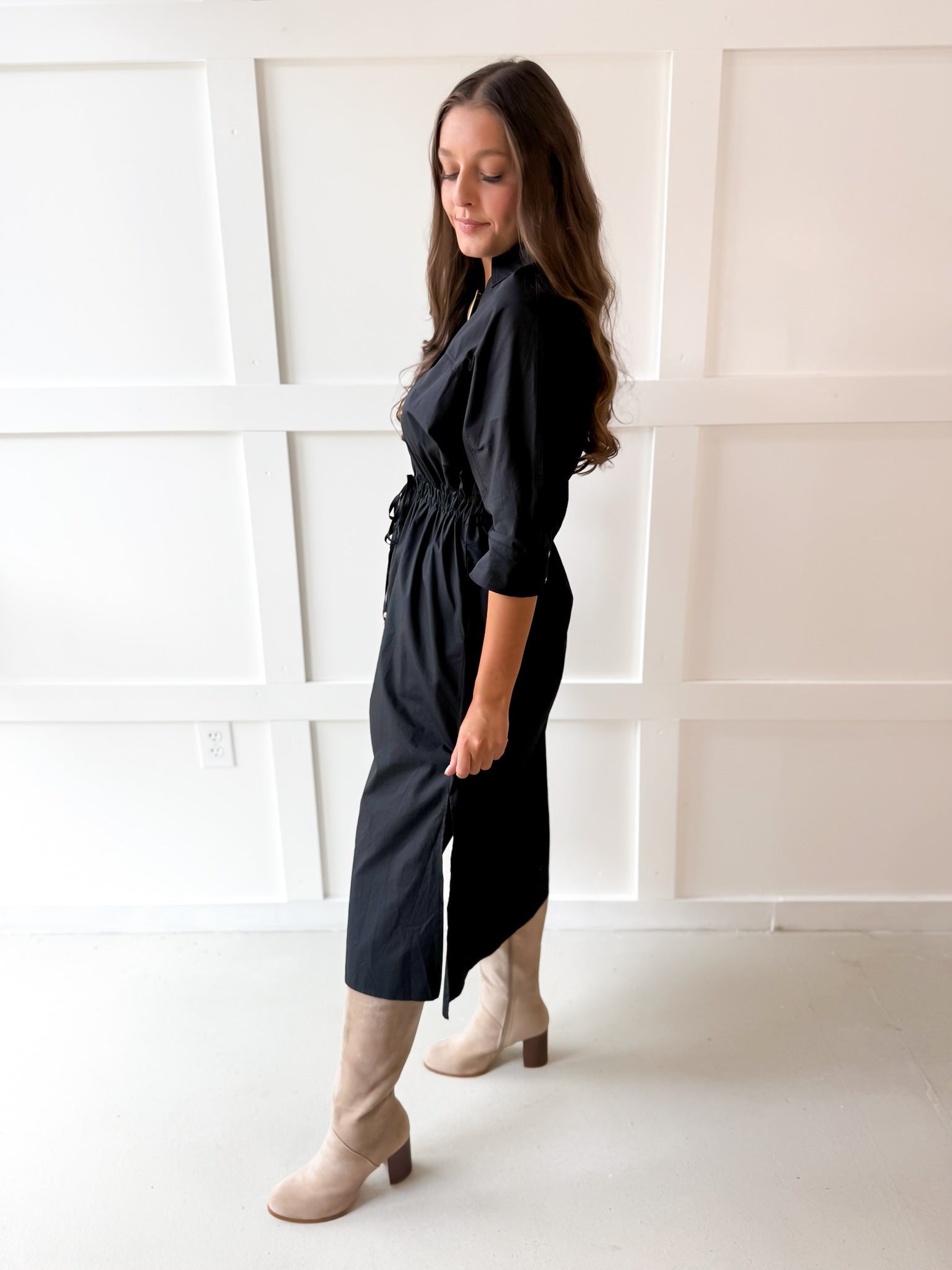 Cinched Waist Midi Dress - Black