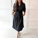 Cinched Waist Midi Dress - Black