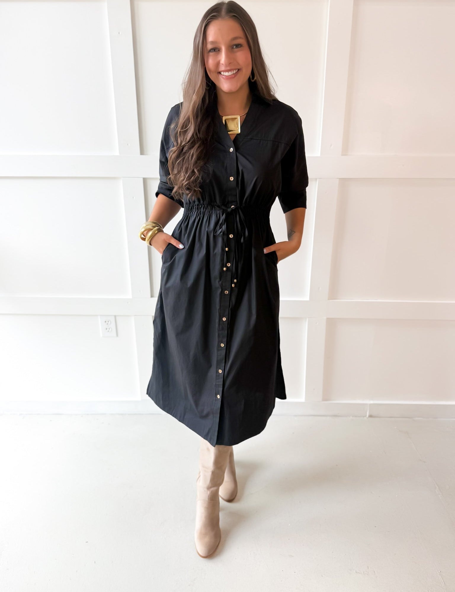 Cinched Waist Midi Dress - Black