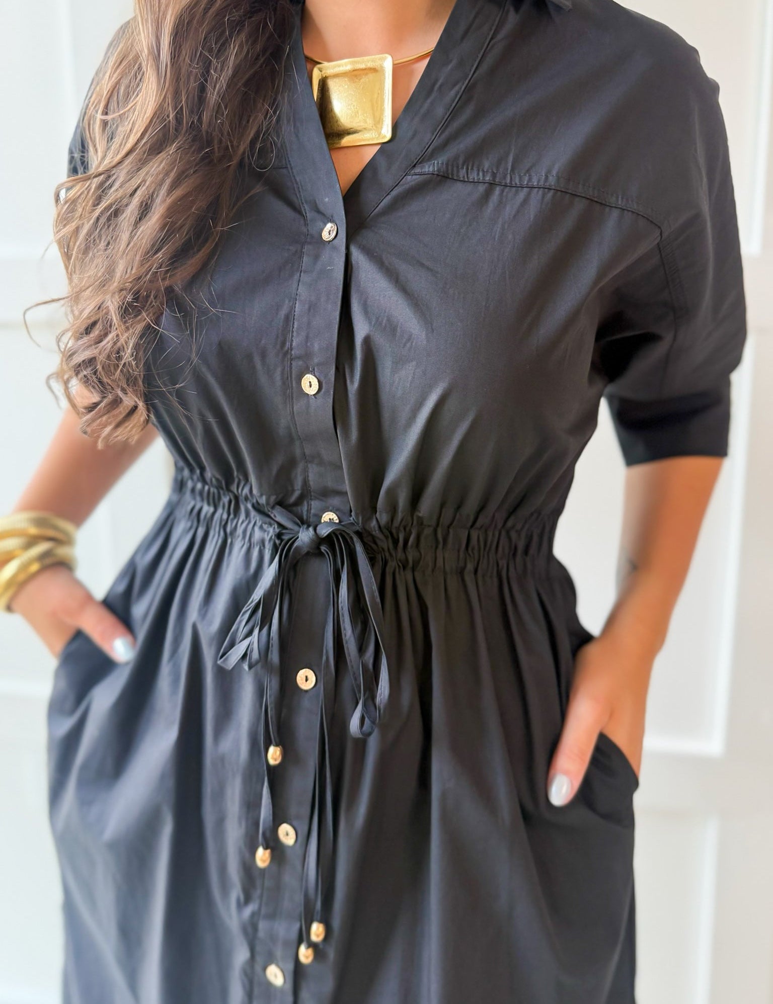 Cinched Waist Midi Dress - Black