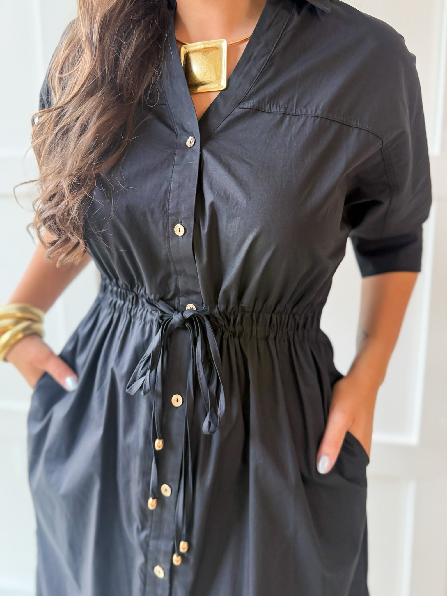 Cinched Waist Midi Dress - Black