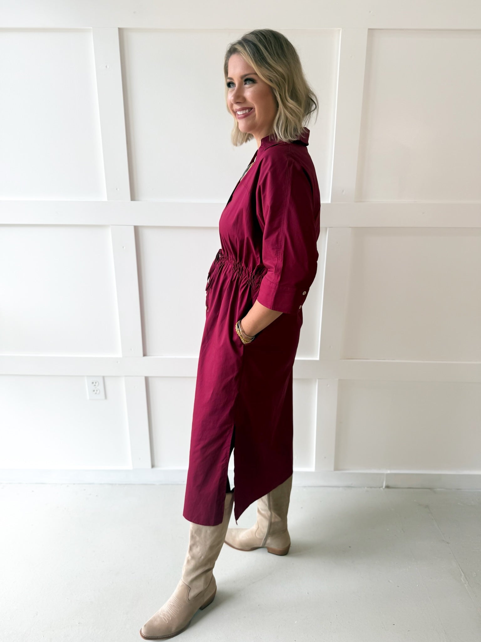 Cinched Waist Midi Dress - Burgandy