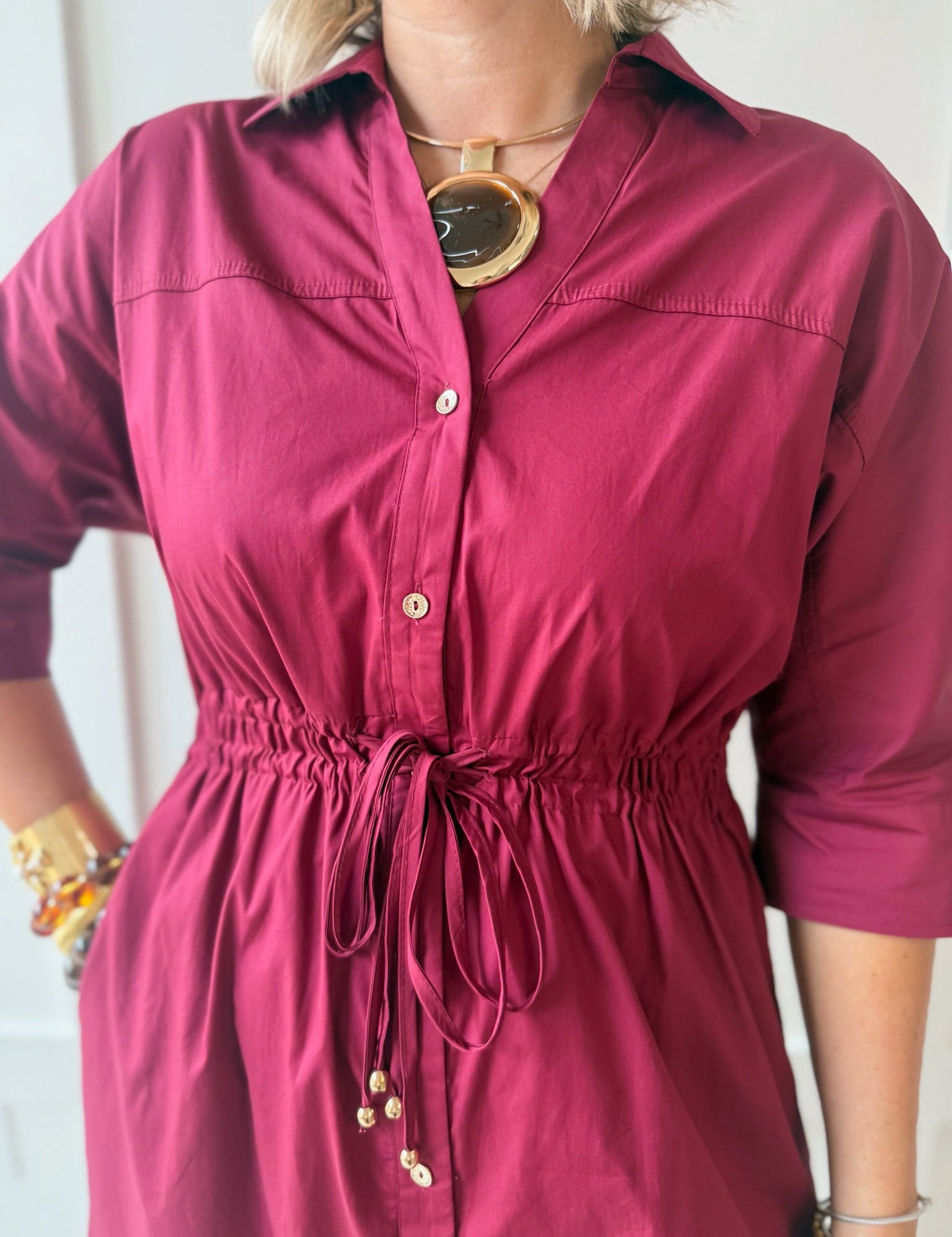 Cinched Waist Midi Dress - Burgandy